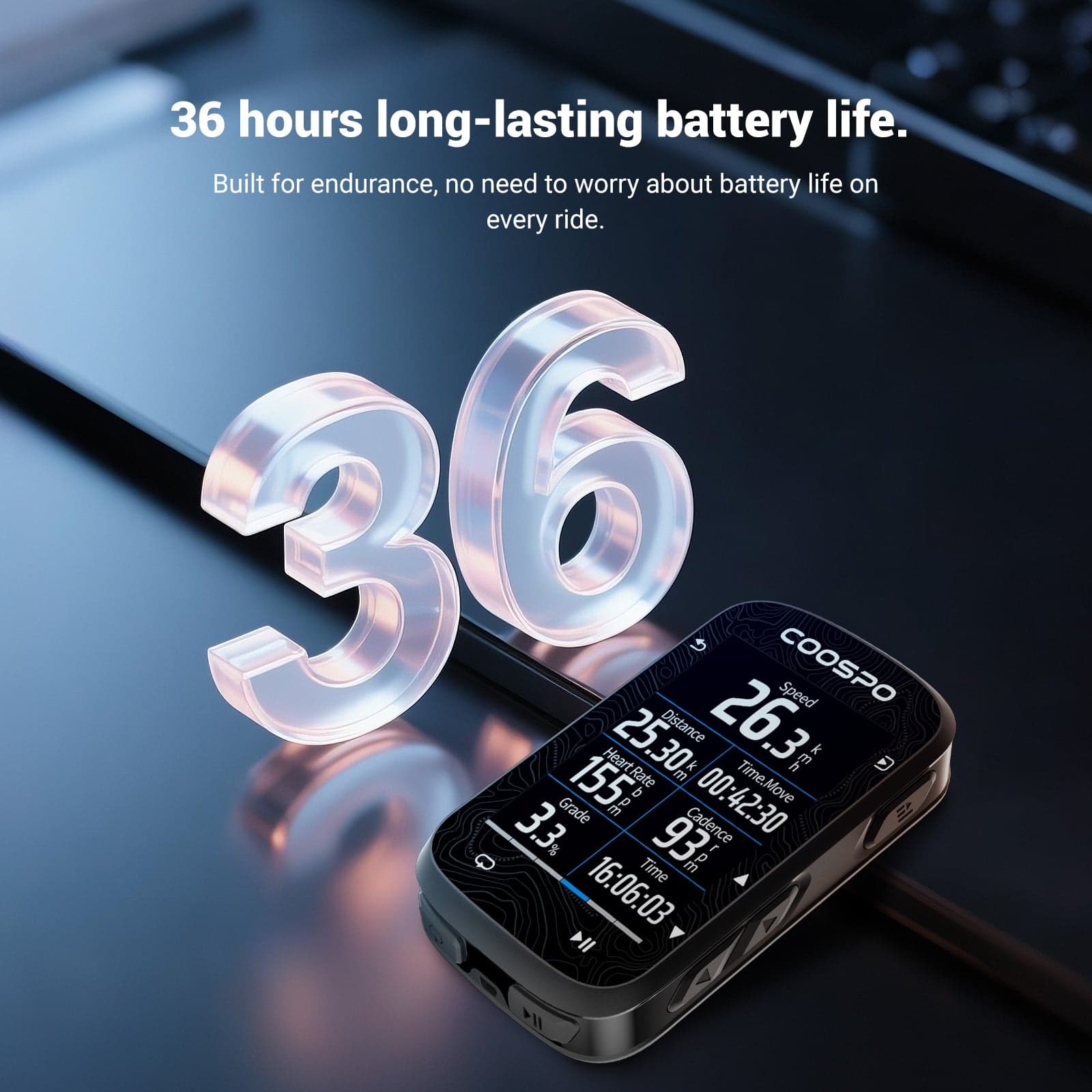 Coospo CS600 36 hour battery life graphic