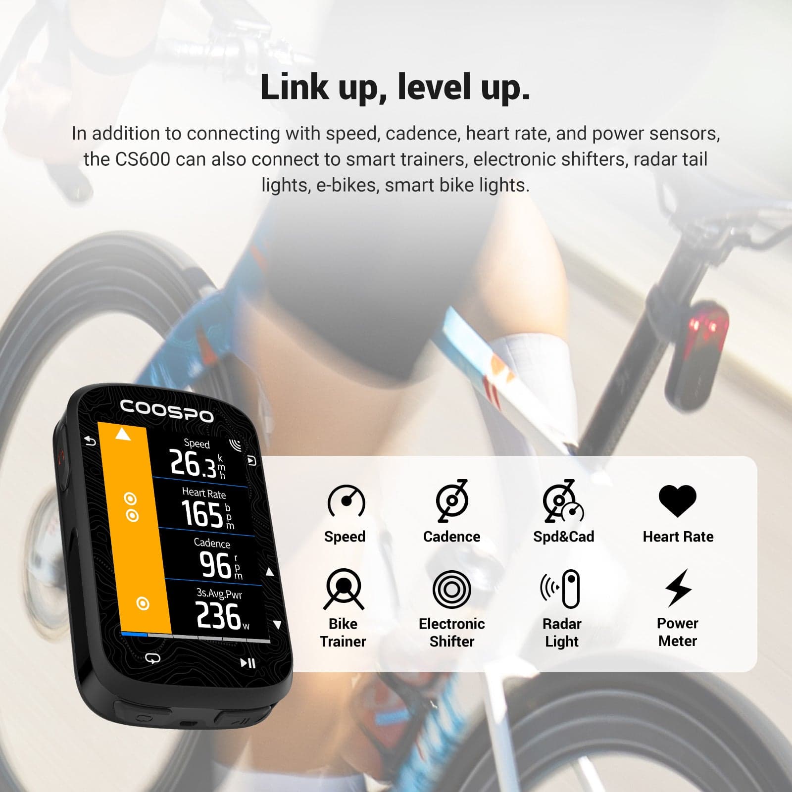 Coospo CS600 sensor connectivity diagram showing heart rate, power, radar and smart trainer support