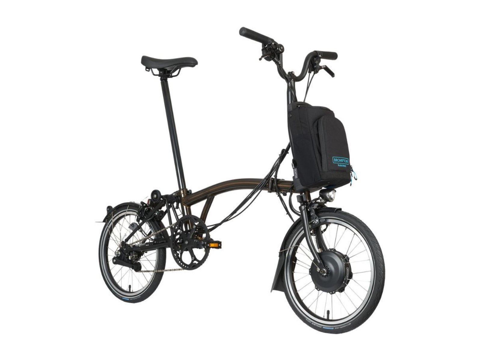 Brompton Electric C Line Explore folding e-bike in black lacquer on white background