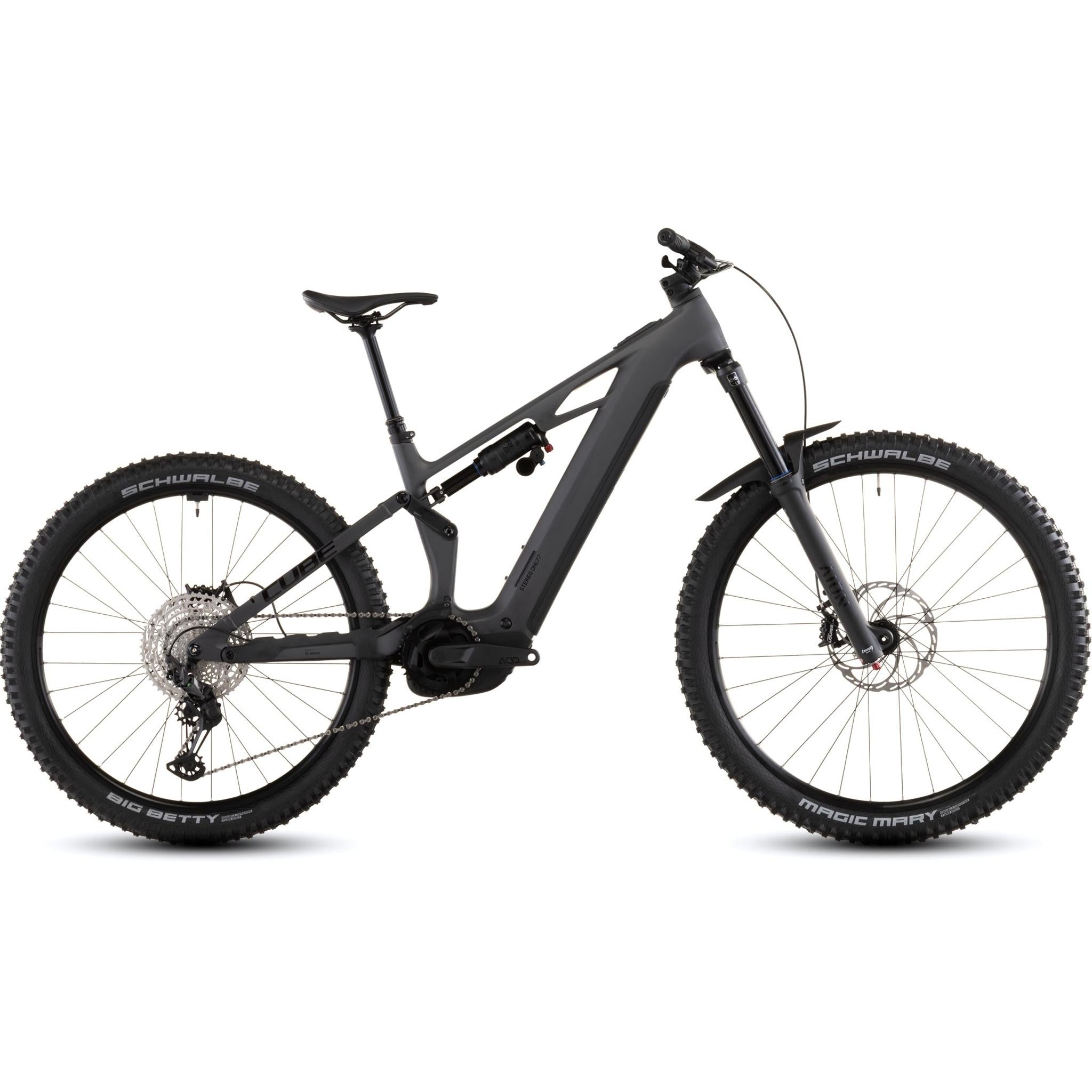 cube Stereo Hybrid ONE77 HPC Race 800 electric bike, side profile on white background