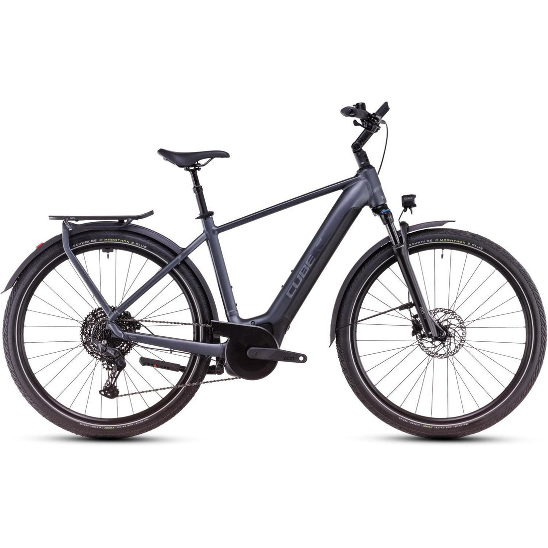 Cube Touring Hybrid Pro 625 trekking commuter e-bike in metallic grey and chrome, side profile on white background
