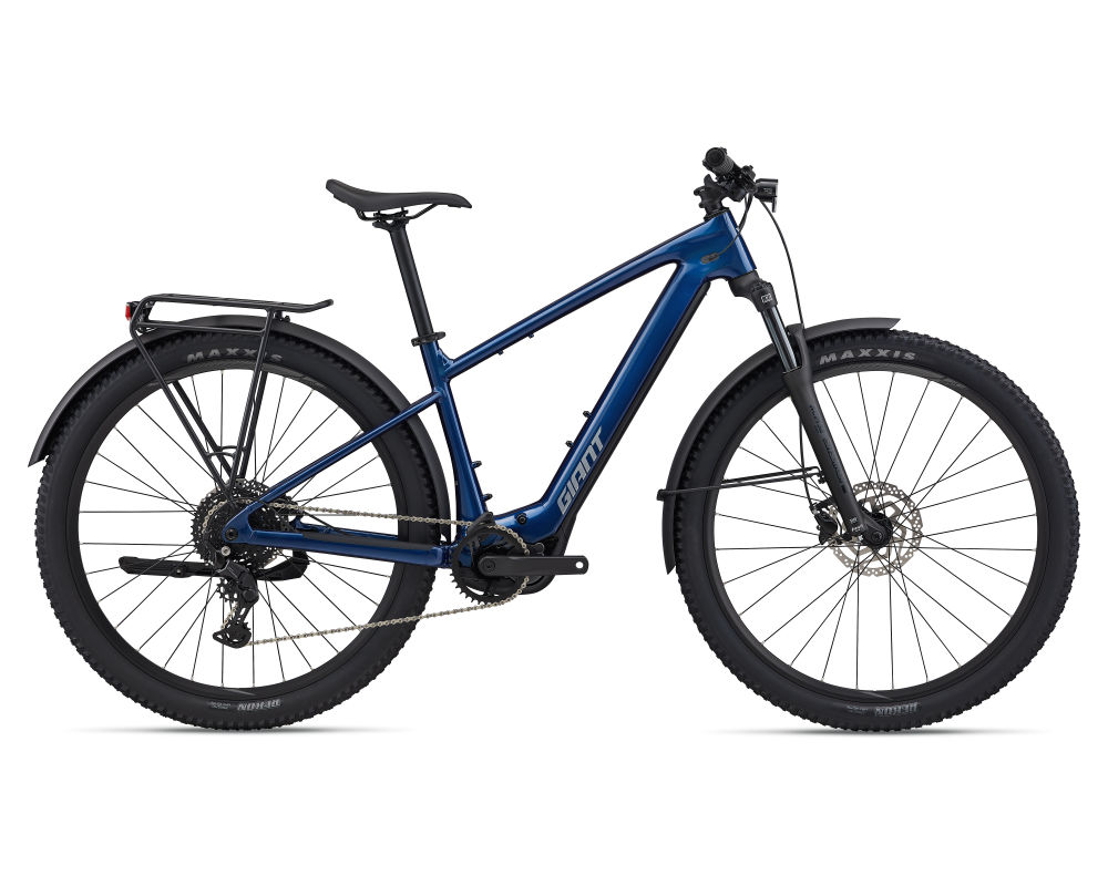 Giant Talon E plus EX hardtail commuter e-bike in metallic navy, side profile on white background