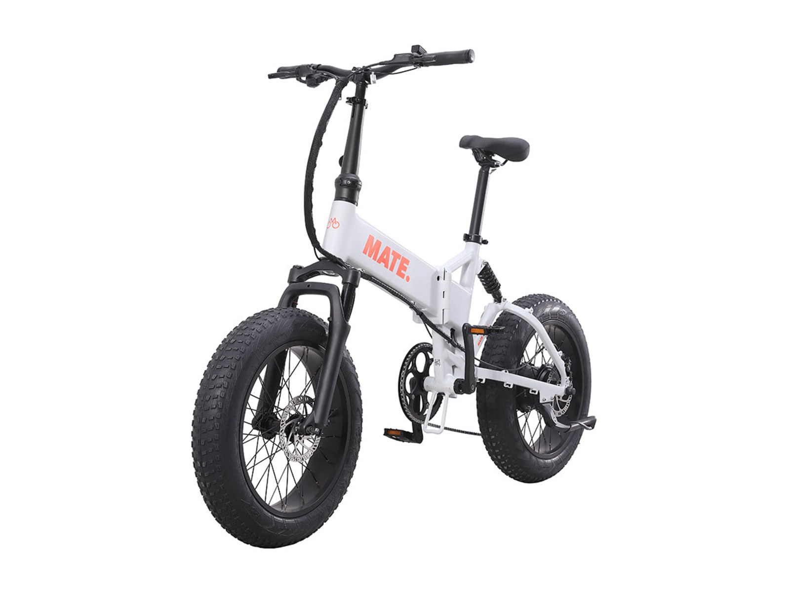 MATE X Evo folding e-bike in ghost grey, front three quarter view on white background