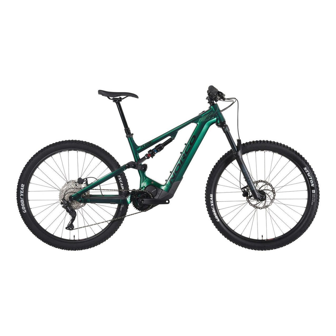 Norco Fluid VLT A2 full suspension trail e-MTB in green and black, side profile on white background