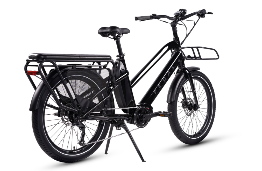Pedal Packer long-tail electric cargo bike in black, side profile on white background