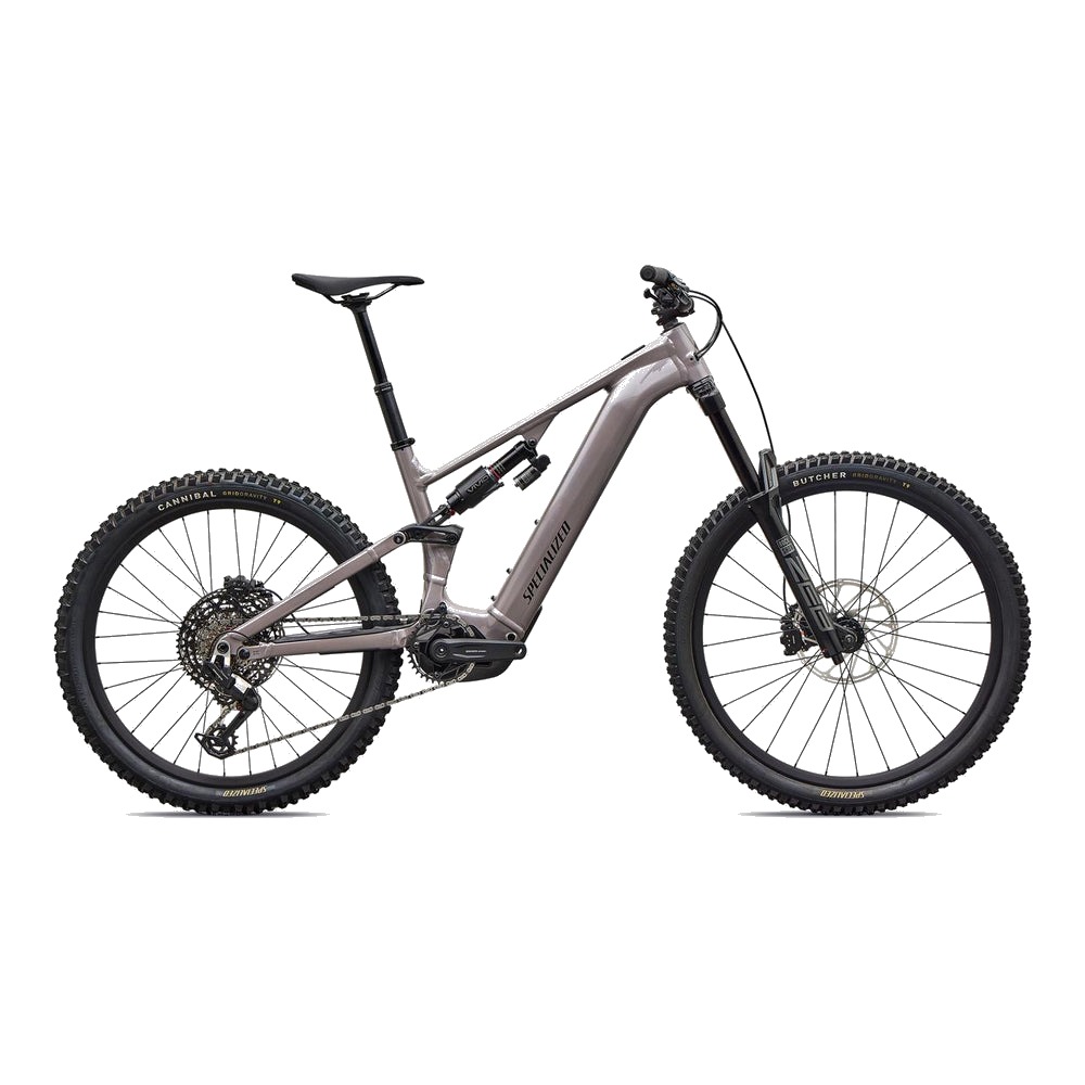 Specialized Levo 4 EVO Comp Alloy enduro e-MTB in desert metallic, side profile on white background