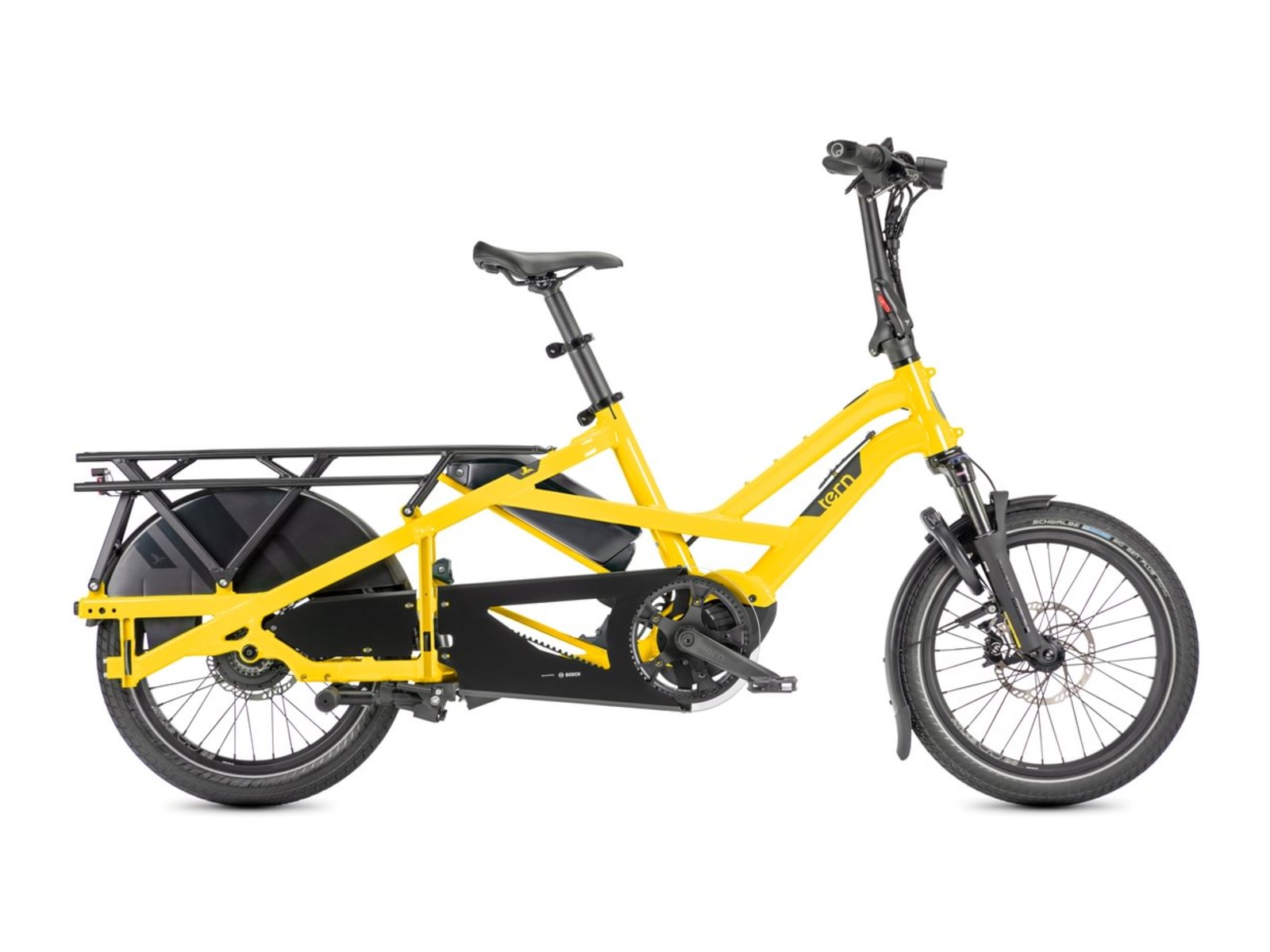 Tern GSD P00 Gen 3 cargo e-bike in school bus yellow, side profile on white background