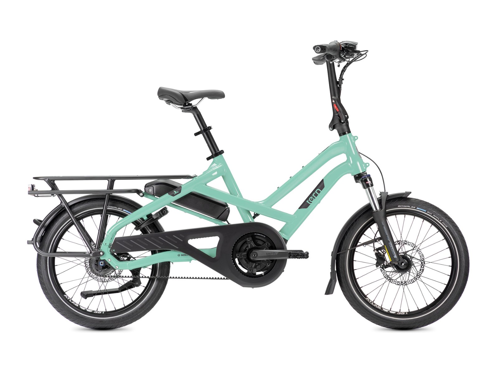 Tern HSD P5i compact cargo e-bike in seabreeze, side profile on white background