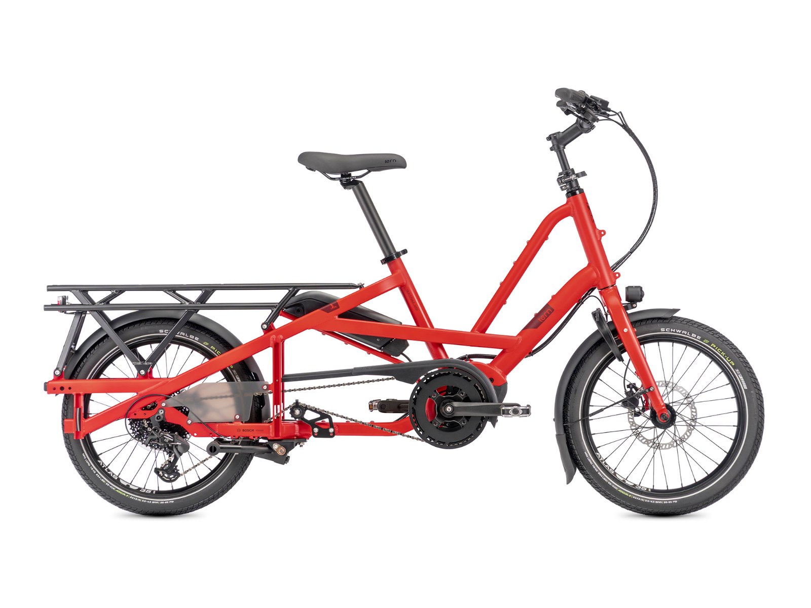 Tern Quick Haul Long D9 cargo e-bike in traffic red, side profile on white background